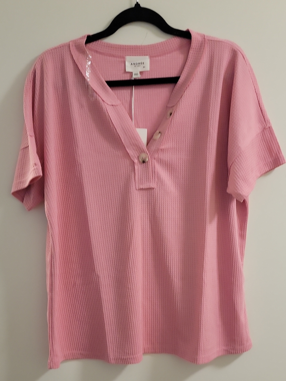 Andre By Unit Pink Waffle Weeve Henley Short-Sleeve Top Size Medium